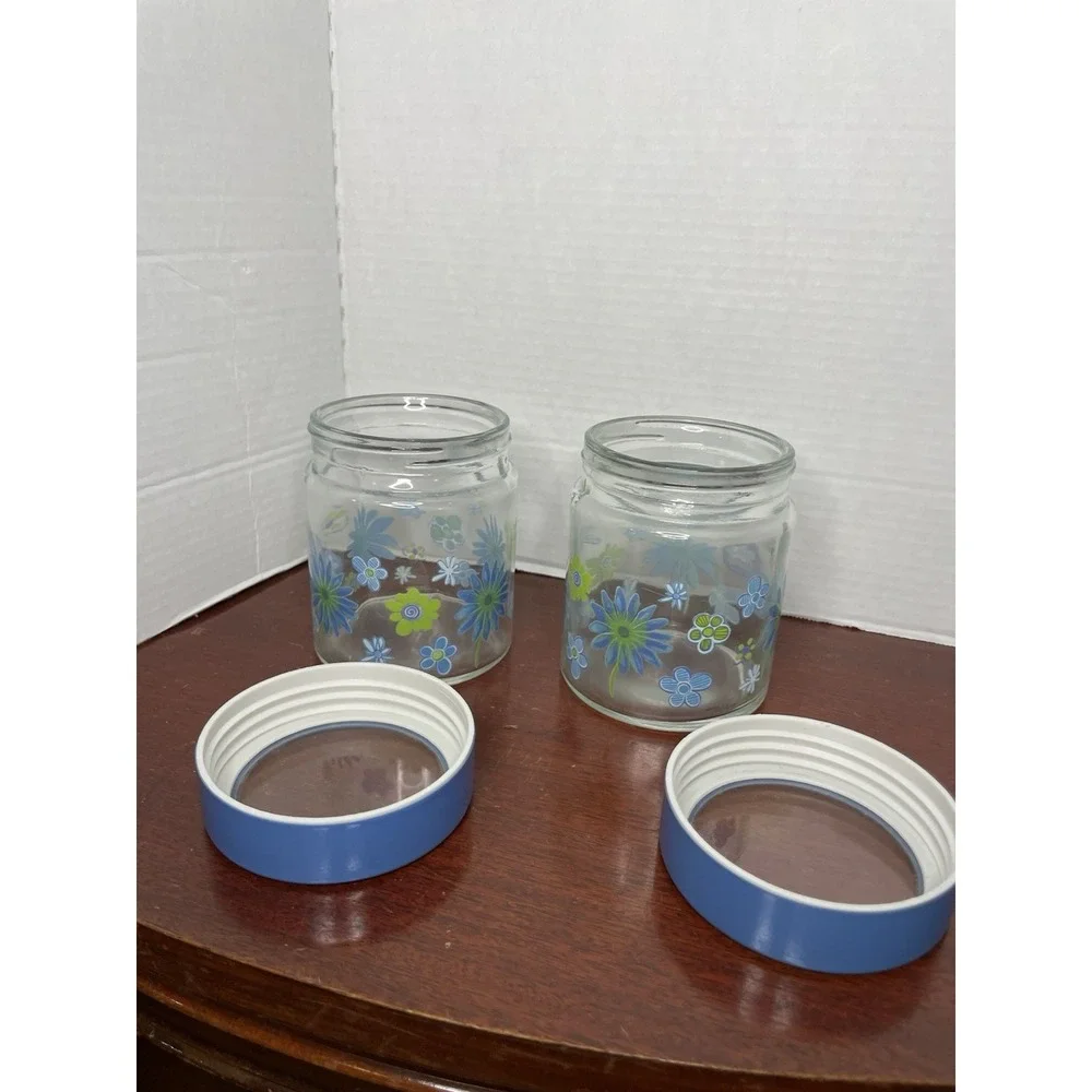 Vintage Glass Canister Jar Blue Lid Blue And Green Floral Retro Decor Set Of 2